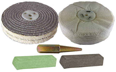 Bench Grinder Polishing Kit 150mm Double Wide Buffs + Spindle (Stainless / Brass)
