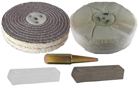 Bench Grinder Polishing Kit 150mm Double Wide Buffs + Spindle (Alum / Alloys)